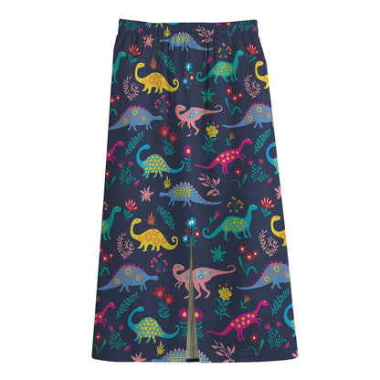 Cute Dino Floral Pattern Print Cotton Front Slit Maxi Skirt