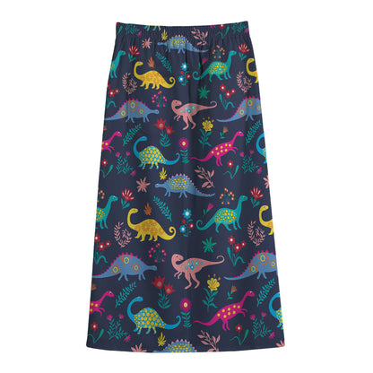 Cute Dino Floral Pattern Print Cotton Front Slit Maxi Skirt