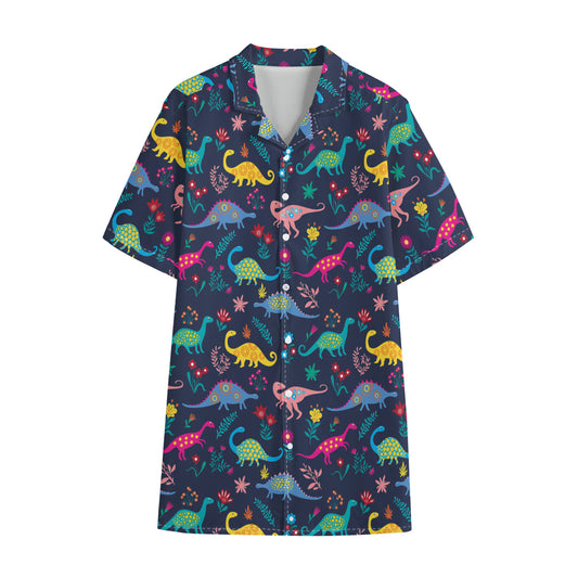 Cute Dino Floral Pattern Print Cotton Hawaiian Shirt