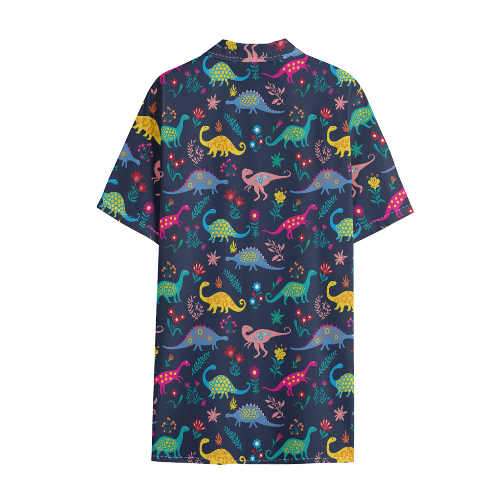 Cute Dino Floral Pattern Print Cotton Hawaiian Shirt