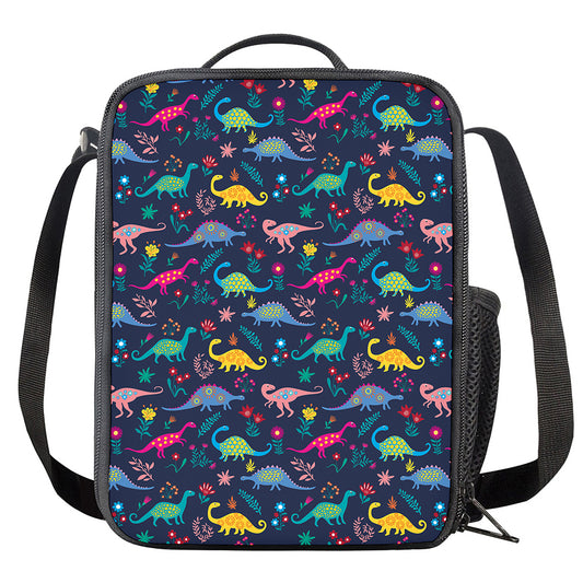 Cute Dino Floral Pattern Print Crossbody Lunch Bag