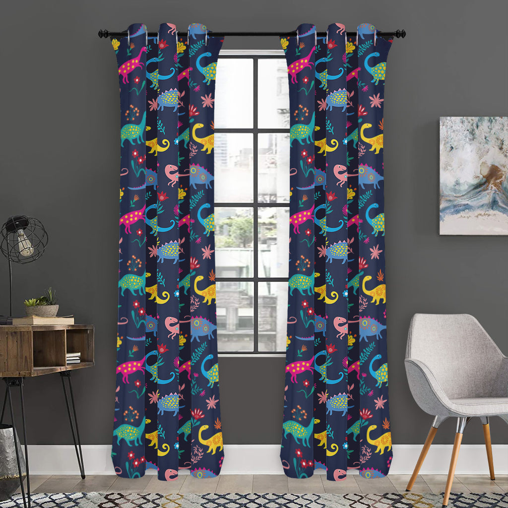 Cute Dino Floral Pattern Print Curtain
