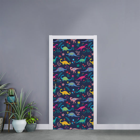 Cute Dino Floral Pattern Print Door Sticker