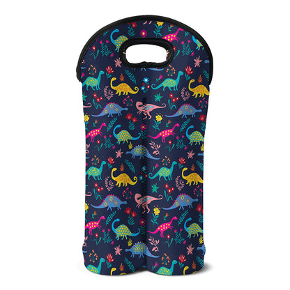 Cute Dino Floral Pattern Print Double Neoprene Wine Tote