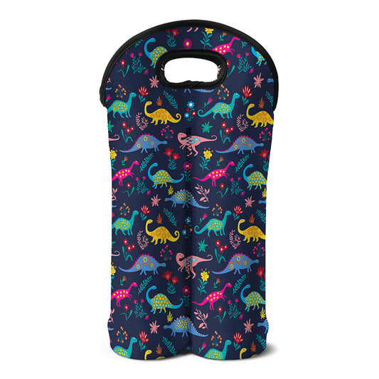 Cute Dino Floral Pattern Print Double Neoprene Wine Tote