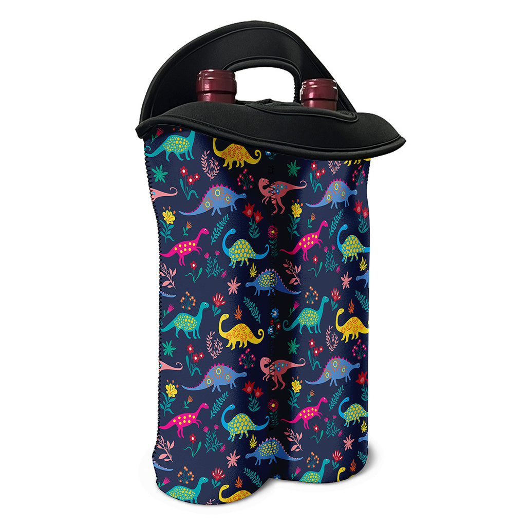 Cute Dino Floral Pattern Print Double Neoprene Wine Tote