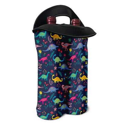 Cute Dino Floral Pattern Print Double Neoprene Wine Tote