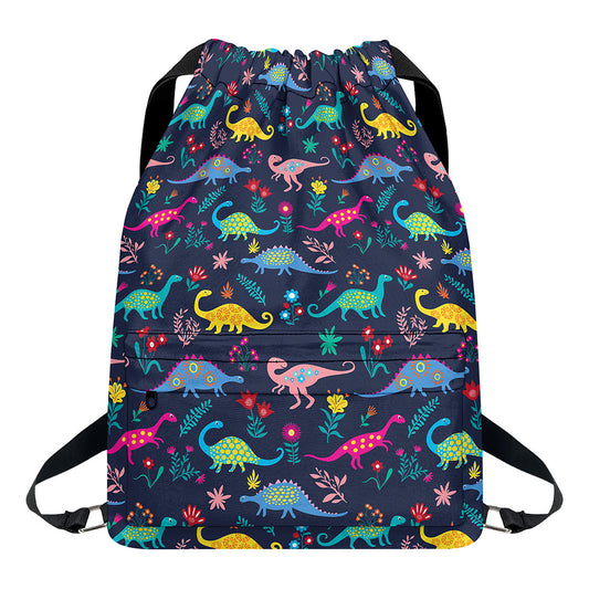 Cute Dino Floral Pattern Print Drawstring Backpack