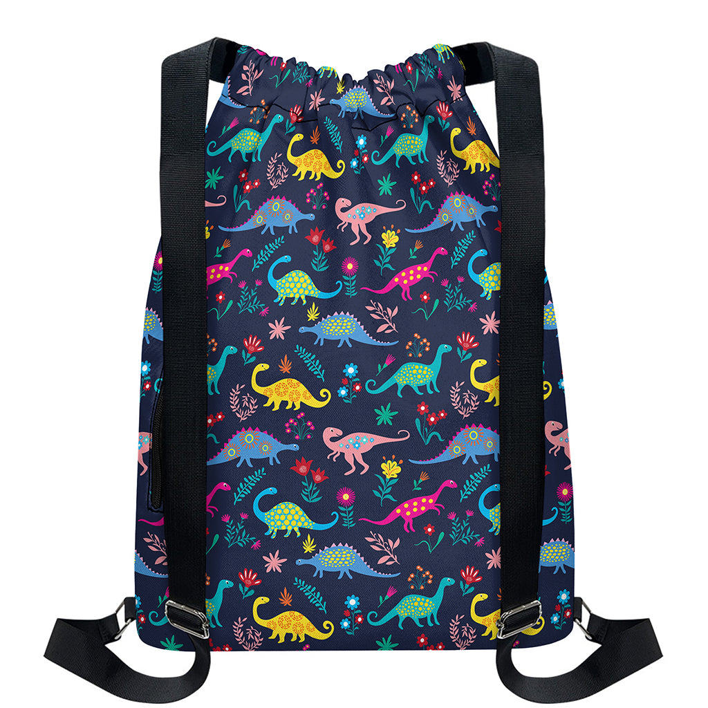 Cute Dino Floral Pattern Print Drawstring Backpack