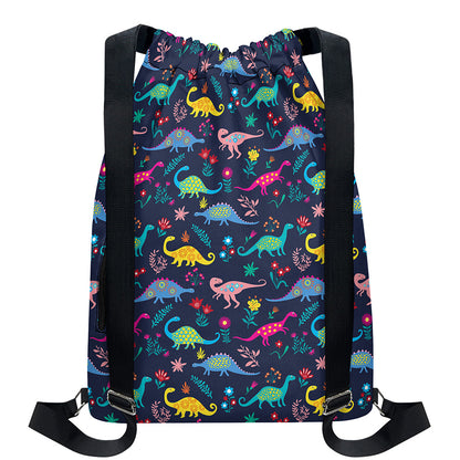 Cute Dino Floral Pattern Print Drawstring Backpack