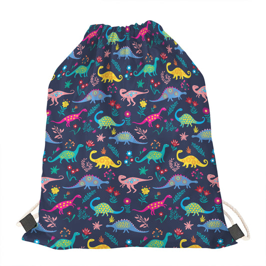Cute Dino Floral Pattern Print Drawstring Bag