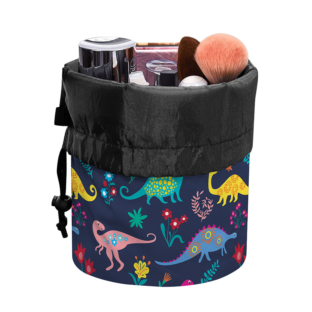 Cute Dino Floral Pattern Print Drawstring Makeup Bag