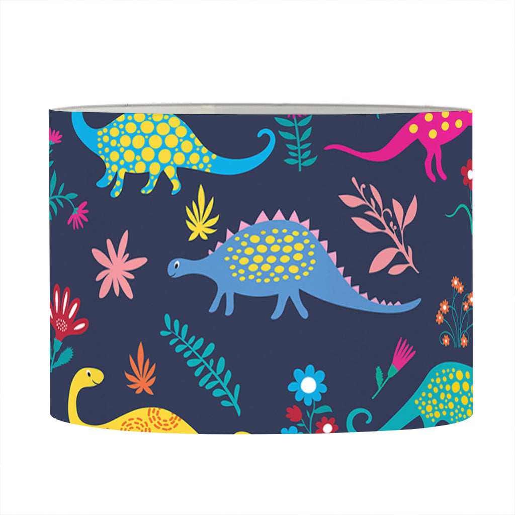 Cute Dino Floral Pattern Print Drum Lamp Shade