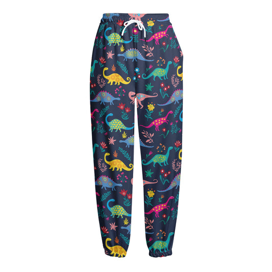 Cute Dino Floral Pattern Print Fleece Lined Knit Pants
