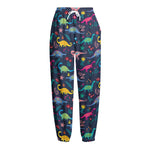 Cute Dino Floral Pattern Print Fleece Lined Knit Pants