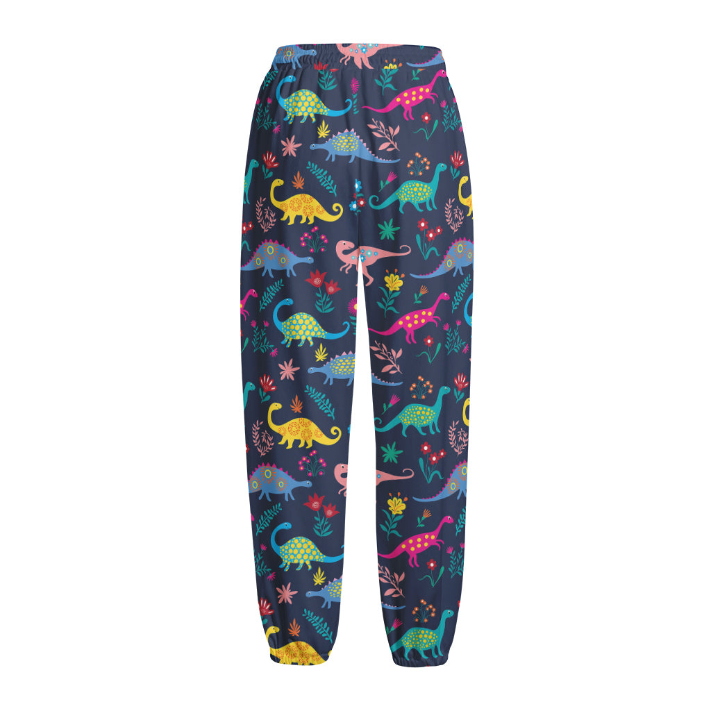 Cute Dino Floral Pattern Print Fleece Lined Knit Pants