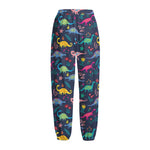 Cute Dino Floral Pattern Print Fleece Lined Knit Pants