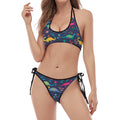 Cute Dino Floral Pattern Print Halter Scoop Tie Side Bikini