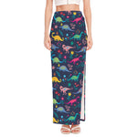 Cute Dino Floral Pattern Print High Slit Maxi Skirt