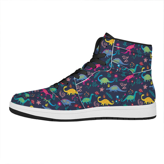 Cute Dino Floral Pattern Print High Top Leather Sneakers