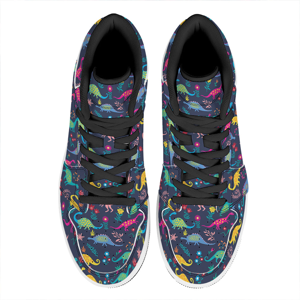 Cute Dino Floral Pattern Print High Top Leather Sneakers