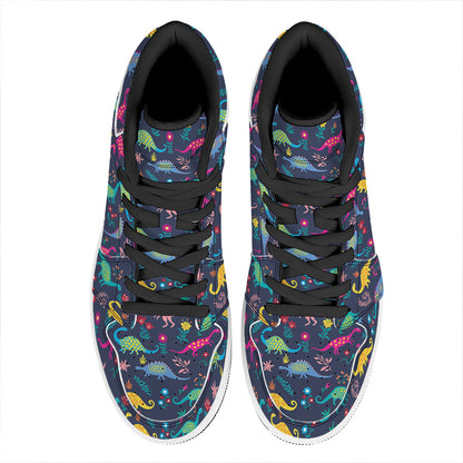 Cute Dino Floral Pattern Print High Top Leather Sneakers