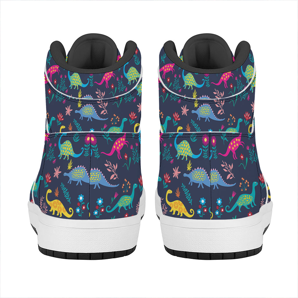 Cute Dino Floral Pattern Print High Top Leather Sneakers