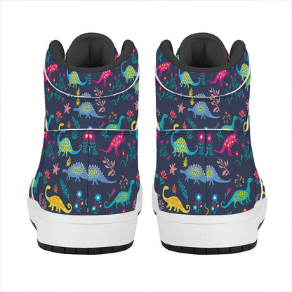 Cute Dino Floral Pattern Print High Top Leather Sneakers