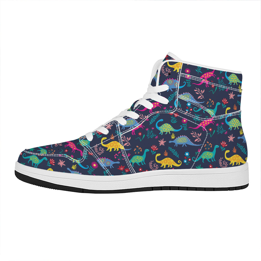 Cute Dino Floral Pattern Print High Top Leather Sneakers