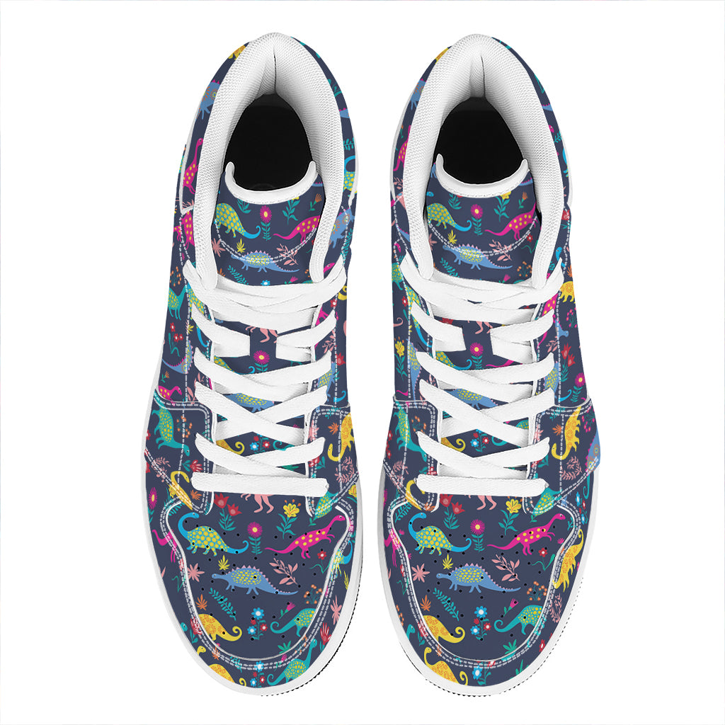 Cute Dino Floral Pattern Print High Top Leather Sneakers