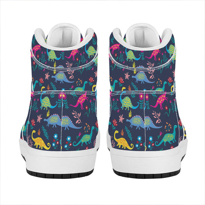 Cute Dino Floral Pattern Print High Top Leather Sneakers