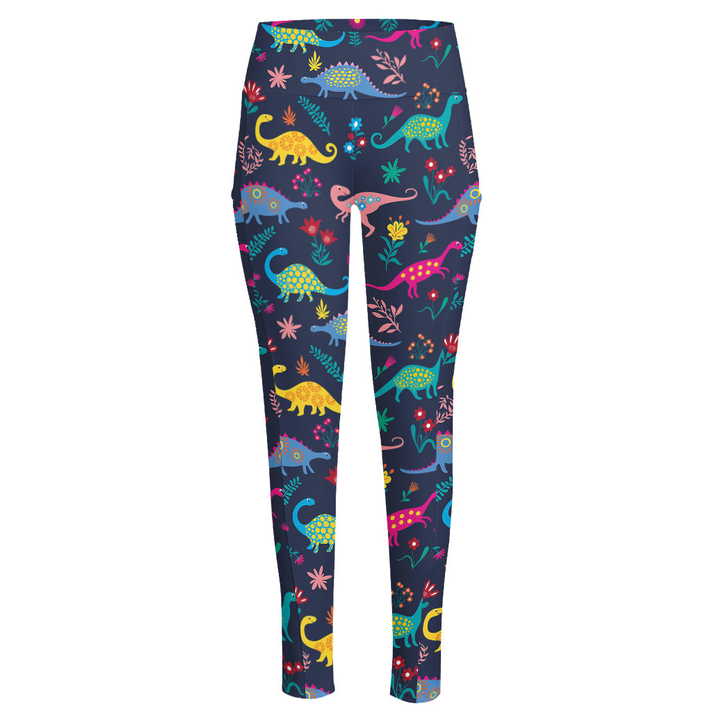 Cute Dino Floral Pattern Print High-Waisted Pocket Leggings