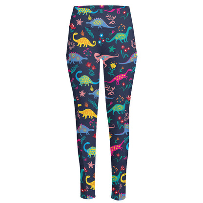Cute Dino Floral Pattern Print High-Waisted Pocket Leggings