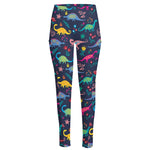Cute Dino Floral Pattern Print High-Waisted Pocket Leggings