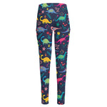 Cute Dino Floral Pattern Print High-Waisted Pocket Leggings