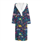 Cute Dino Floral Pattern Print Hooded Bathrobe