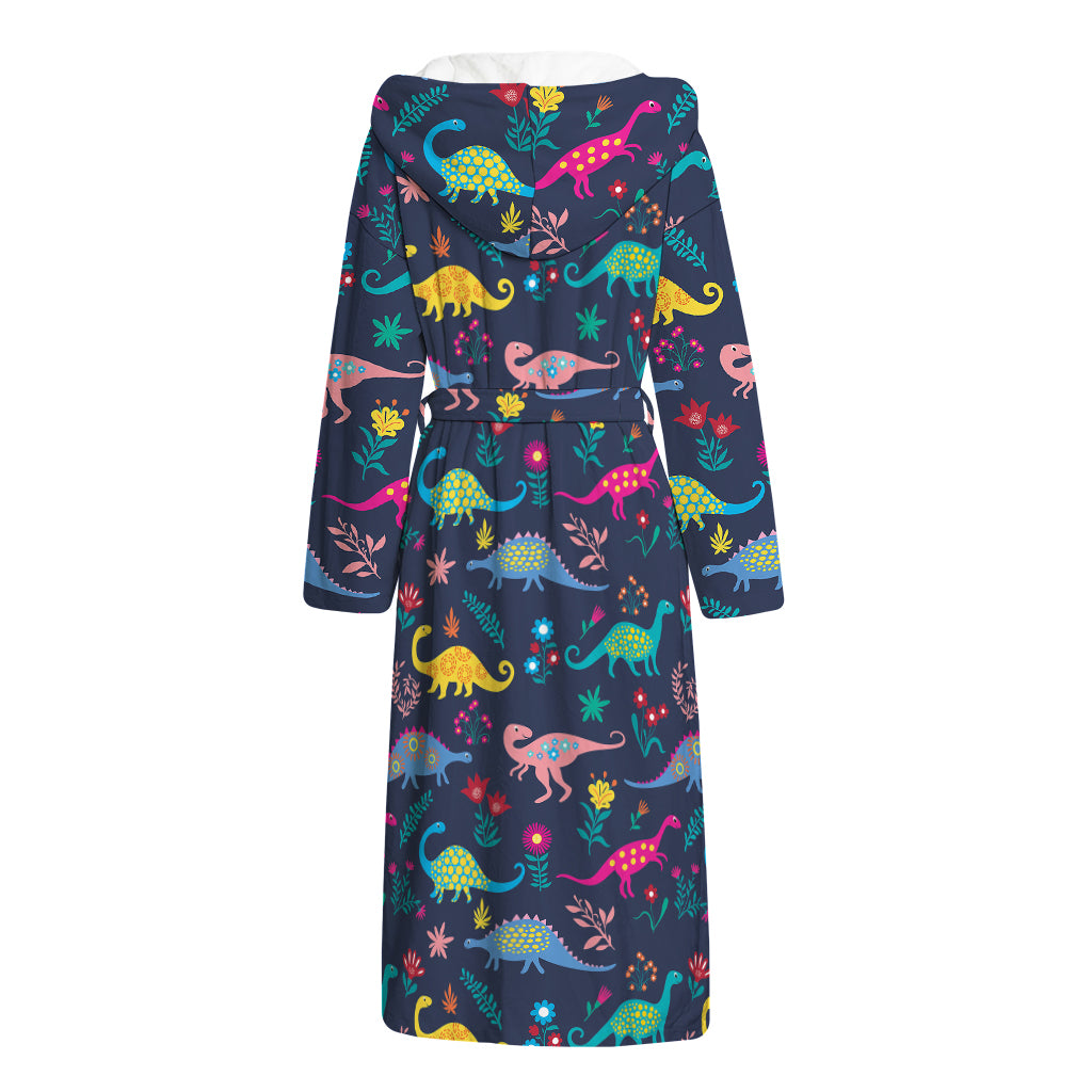 Cute Dino Floral Pattern Print Hooded Bathrobe