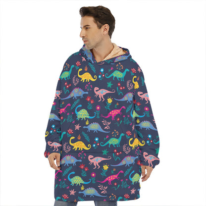 Cute Dino Floral Pattern Print Hoodie Blanket