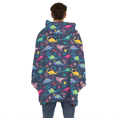 Cute Dino Floral Pattern Print Hoodie Blanket