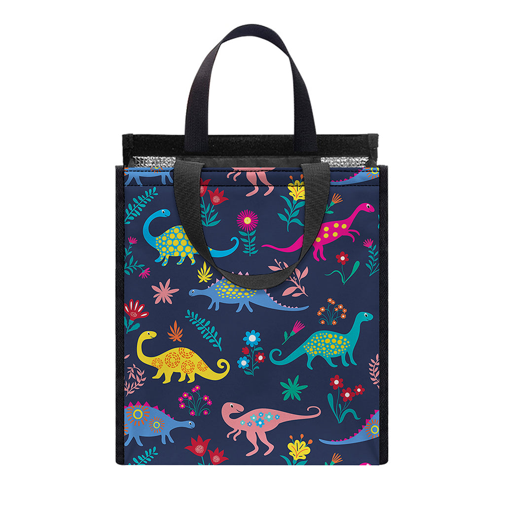 Cute Dino Floral Pattern Print Insulated Lunch Tote