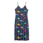 Cute Dino Floral Pattern Print Jersey Midi Cami Dress