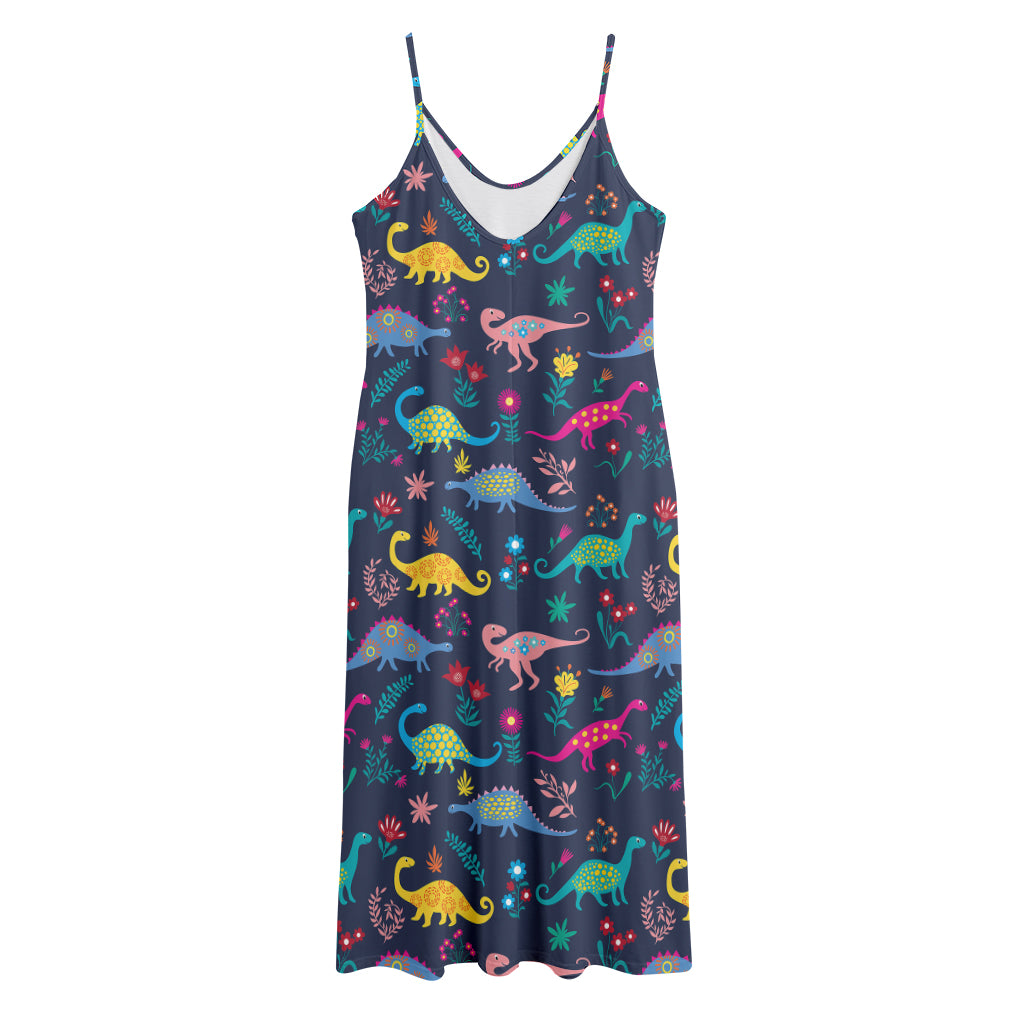 Cute Dino Floral Pattern Print Jersey Midi Cami Dress