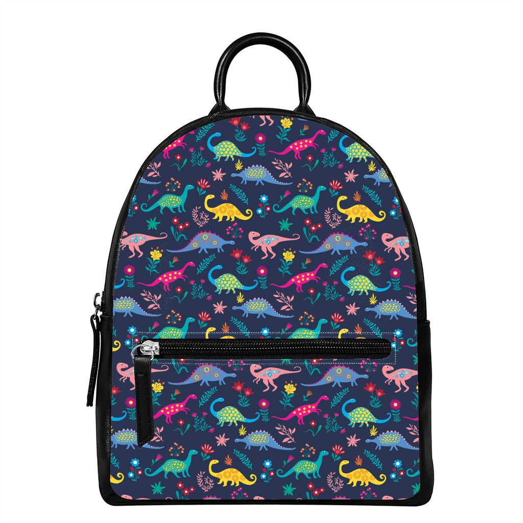Cute Dino Floral Pattern Print Leather Backpack