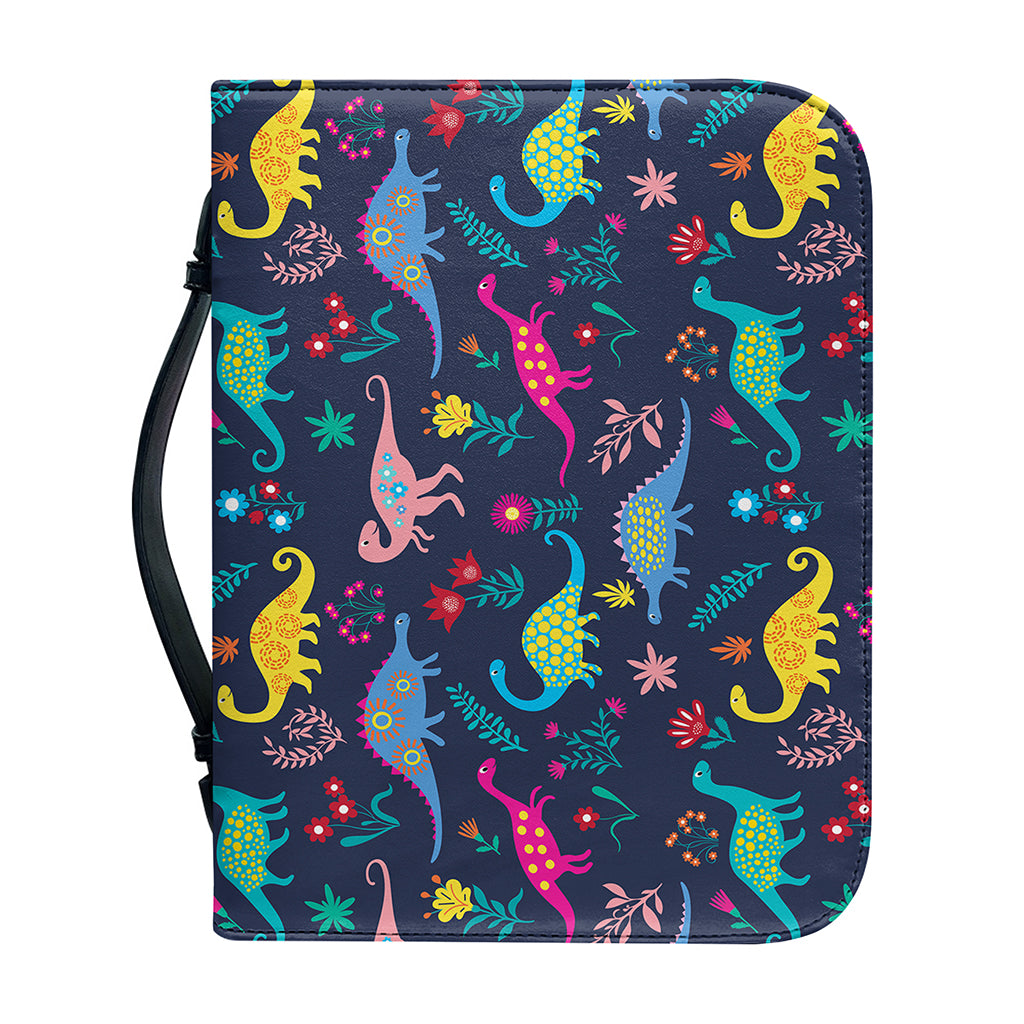 Cute Dino Floral Pattern Print Leather Bible Cover