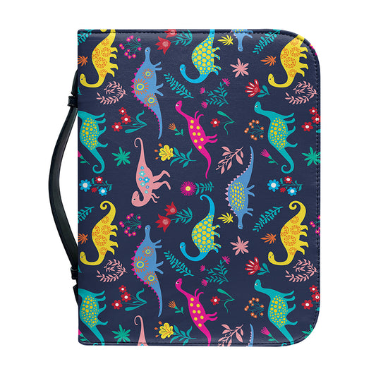 Cute Dino Floral Pattern Print Leather Bible Cover