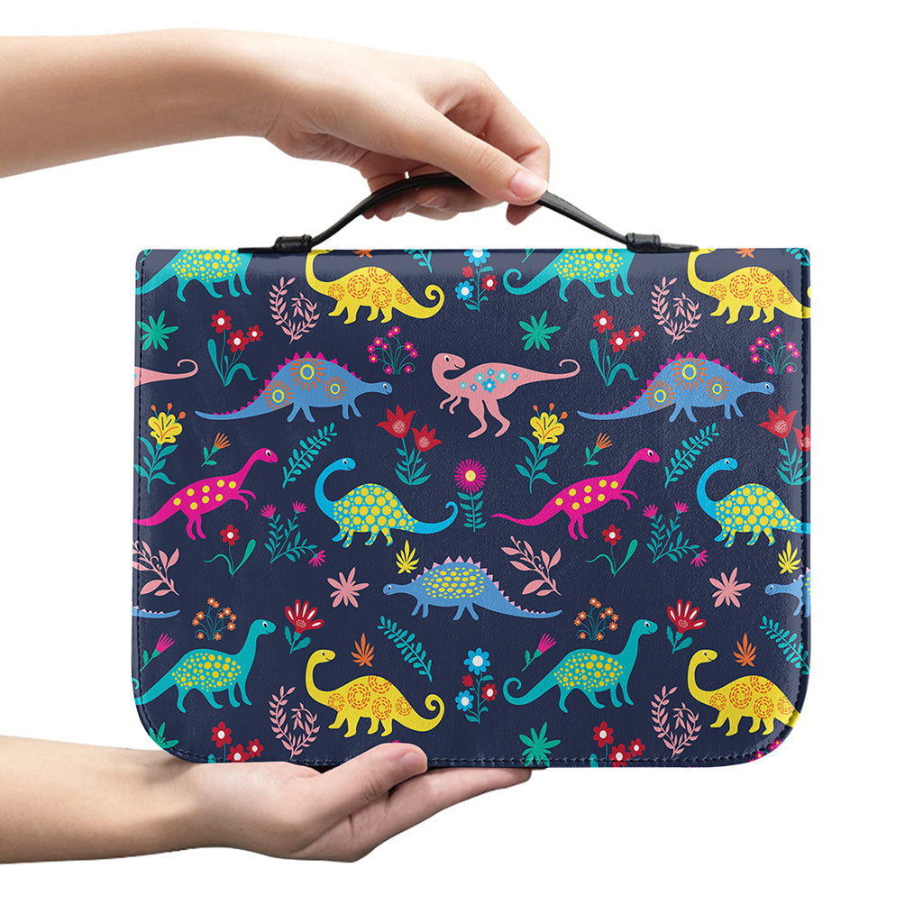 Cute Dino Floral Pattern Print Leather Bible Cover