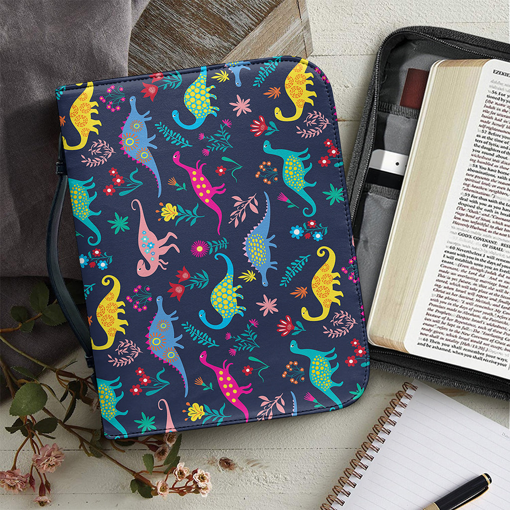 Cute Dino Floral Pattern Print Leather Bible Cover