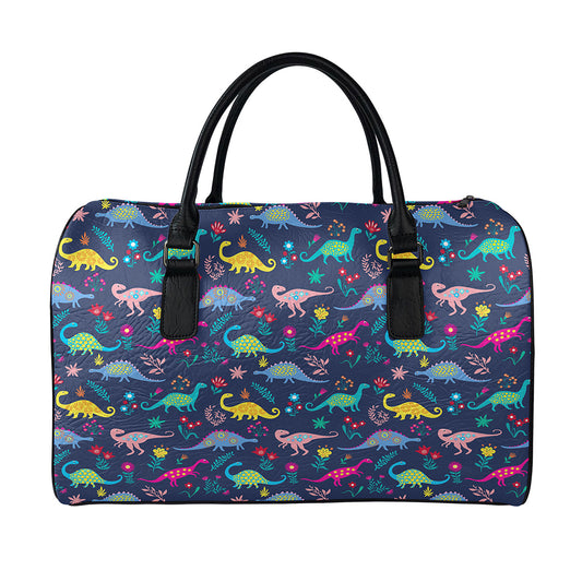 Cute Dino Floral Pattern Print Leather Duffle Bag