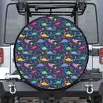 Cute Dino Floral Pattern Print Leather Spare Tire Cover