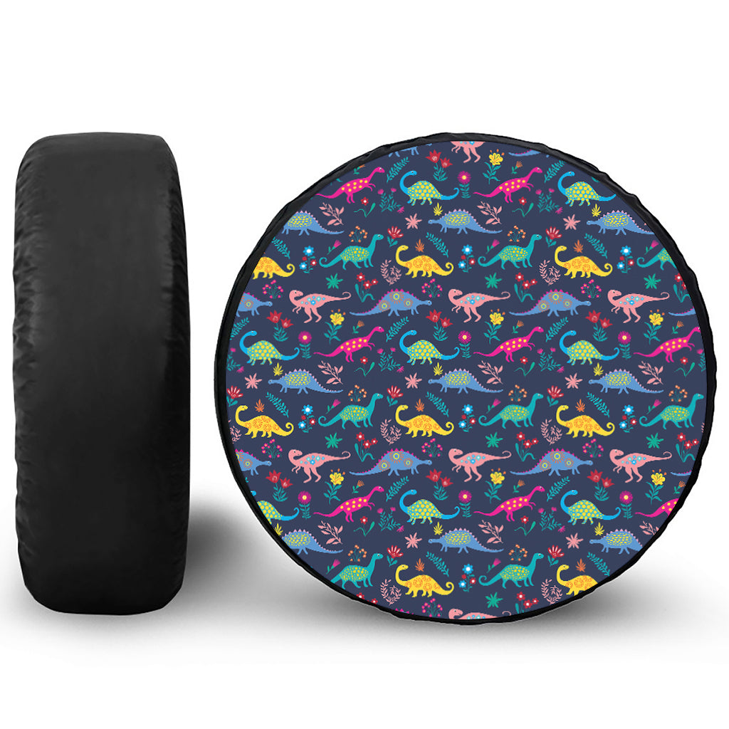 Cute Dino Floral Pattern Print Leather Spare Tire Cover